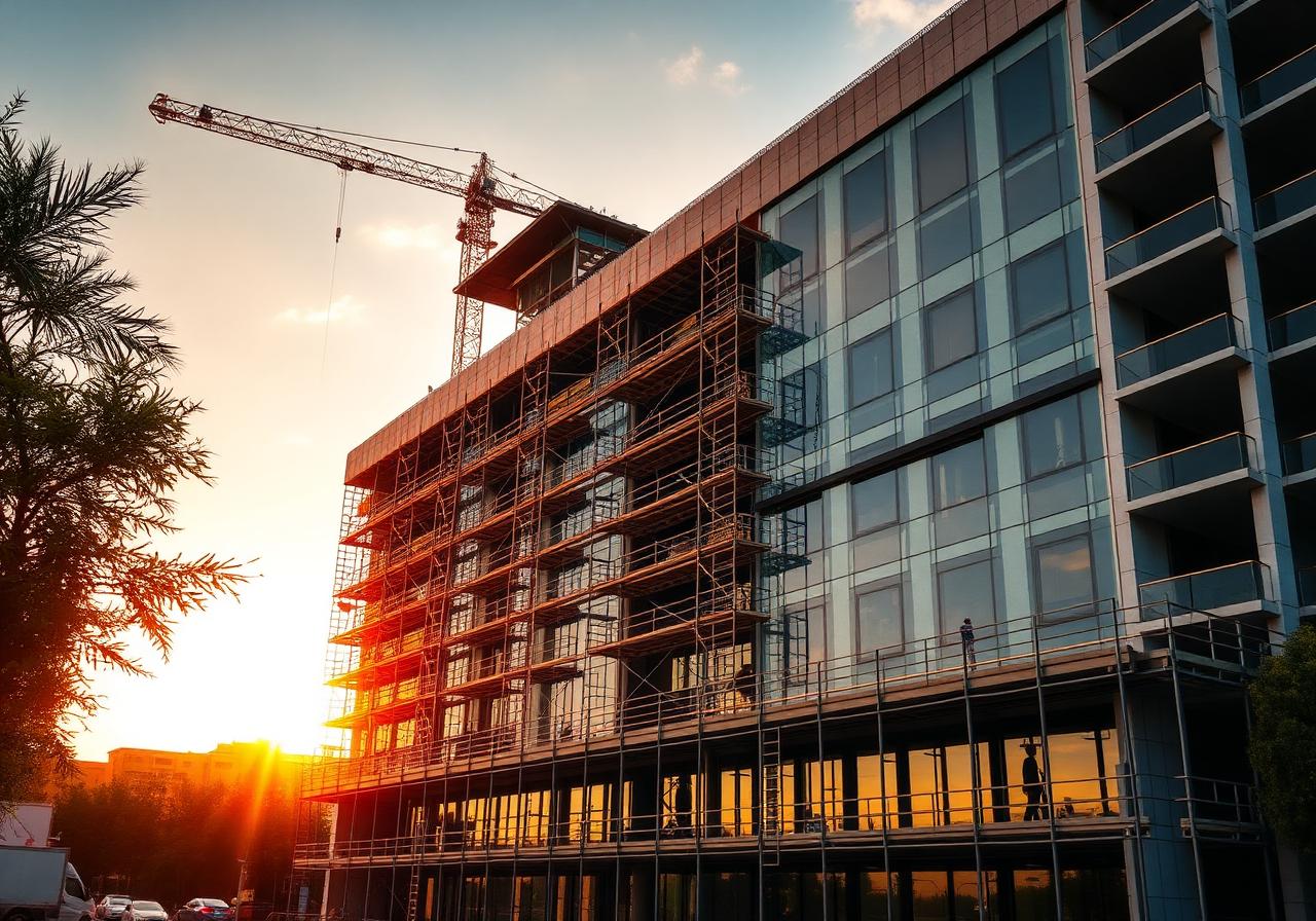 Hotel under development at golden hour